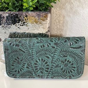 America West Embossed Leather Trifold Wallet Teal with Dark Wash